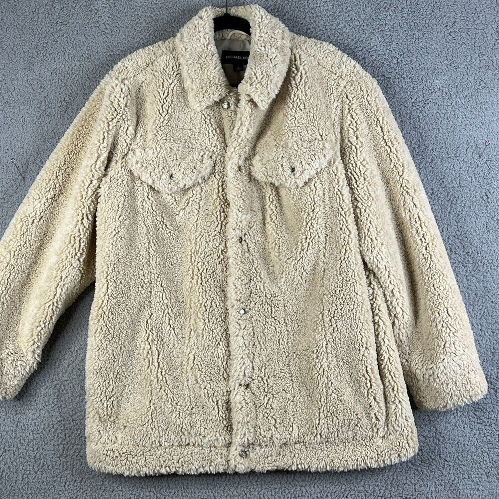 MICHAEL KORS Teddy Coat Women M Oatmeal Sherpa Faux Fur Oversized Heavyweight